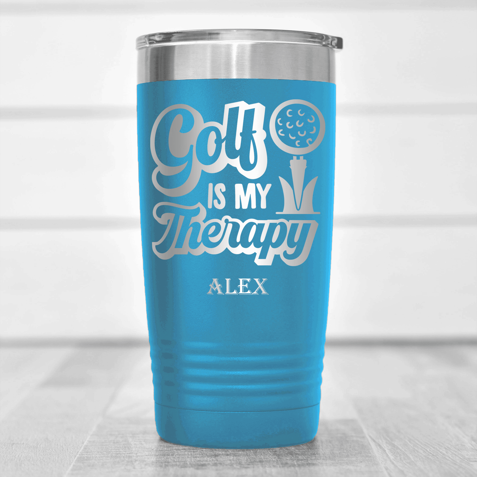 Light Blue Golf Tumbler With Golf Is My Therapy Design
