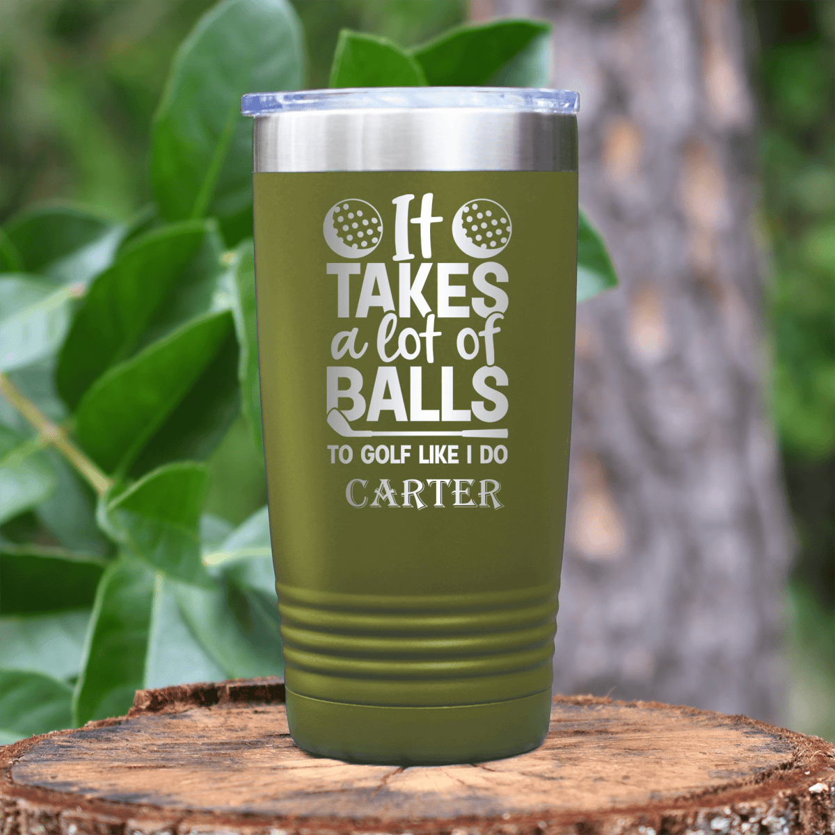 Military Green Golf Tumbler With Golfing Takes Balls Design