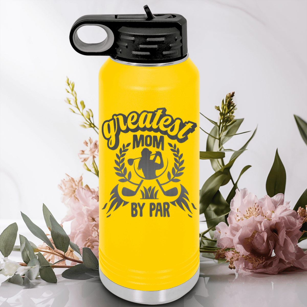 Yellow golf water bottle Greatest Mom By Par