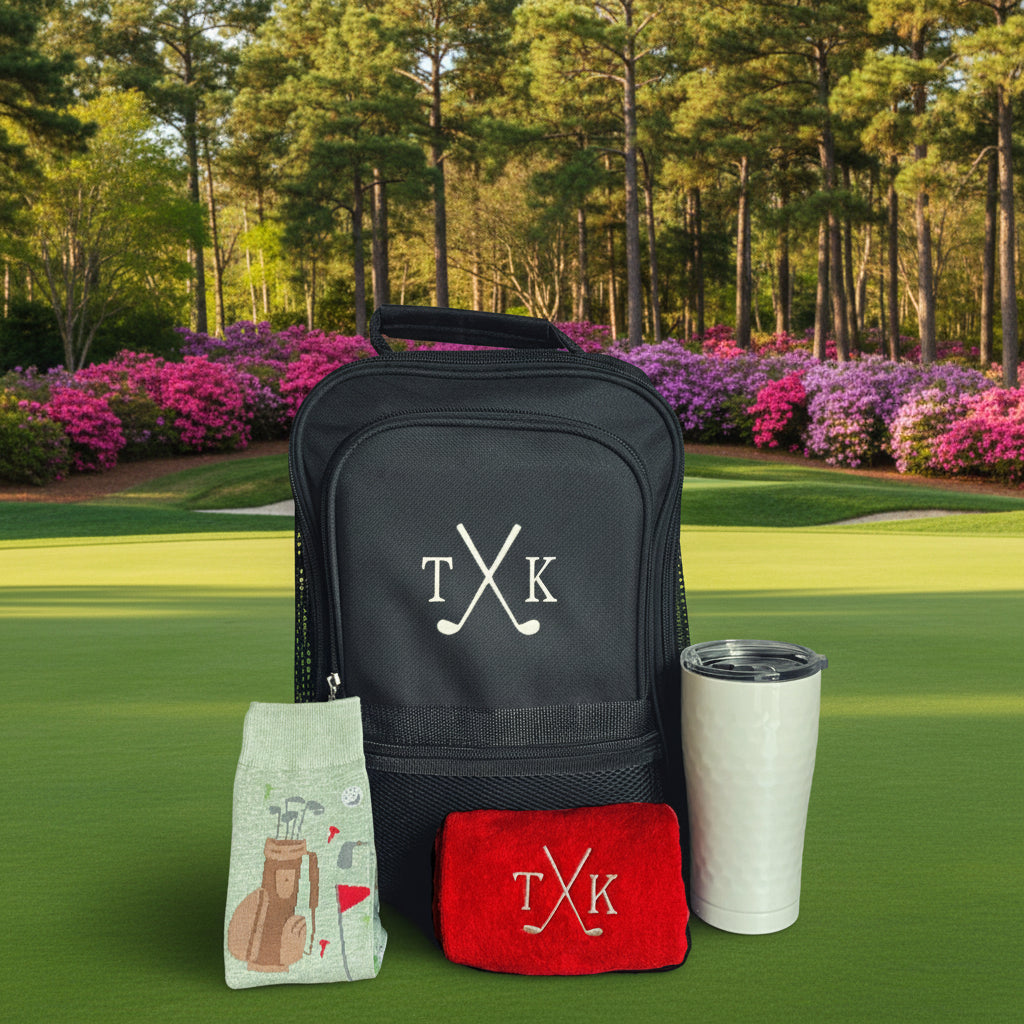Custom golf gift set with personalized shoe bag, towel, tumbler, and socks