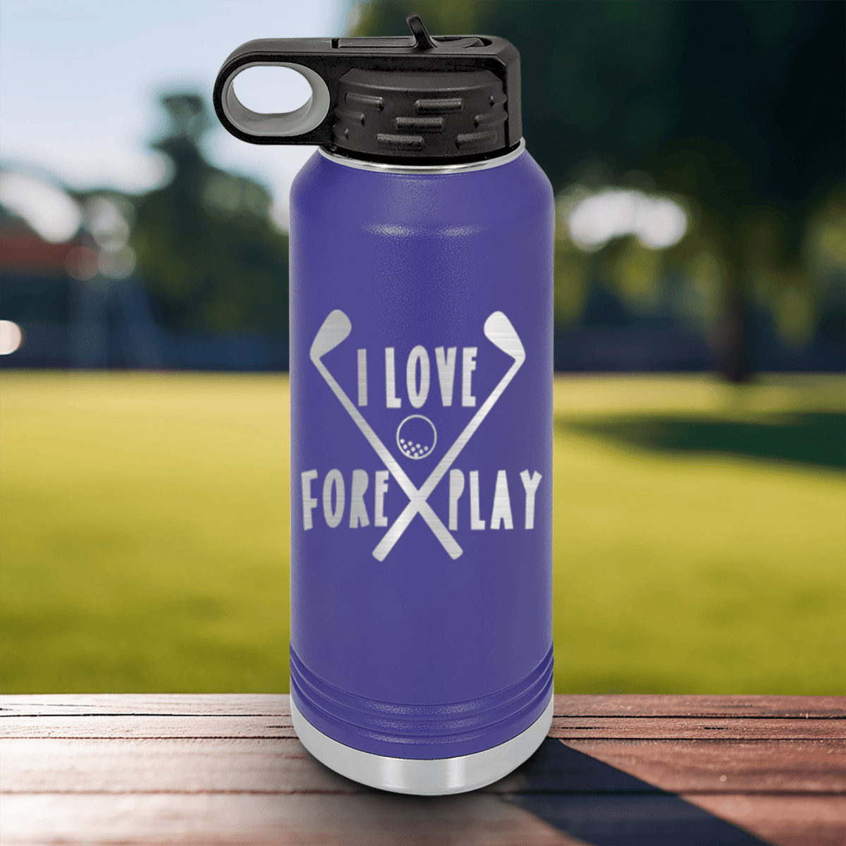 Purple golf water bottle I Love Foreplay