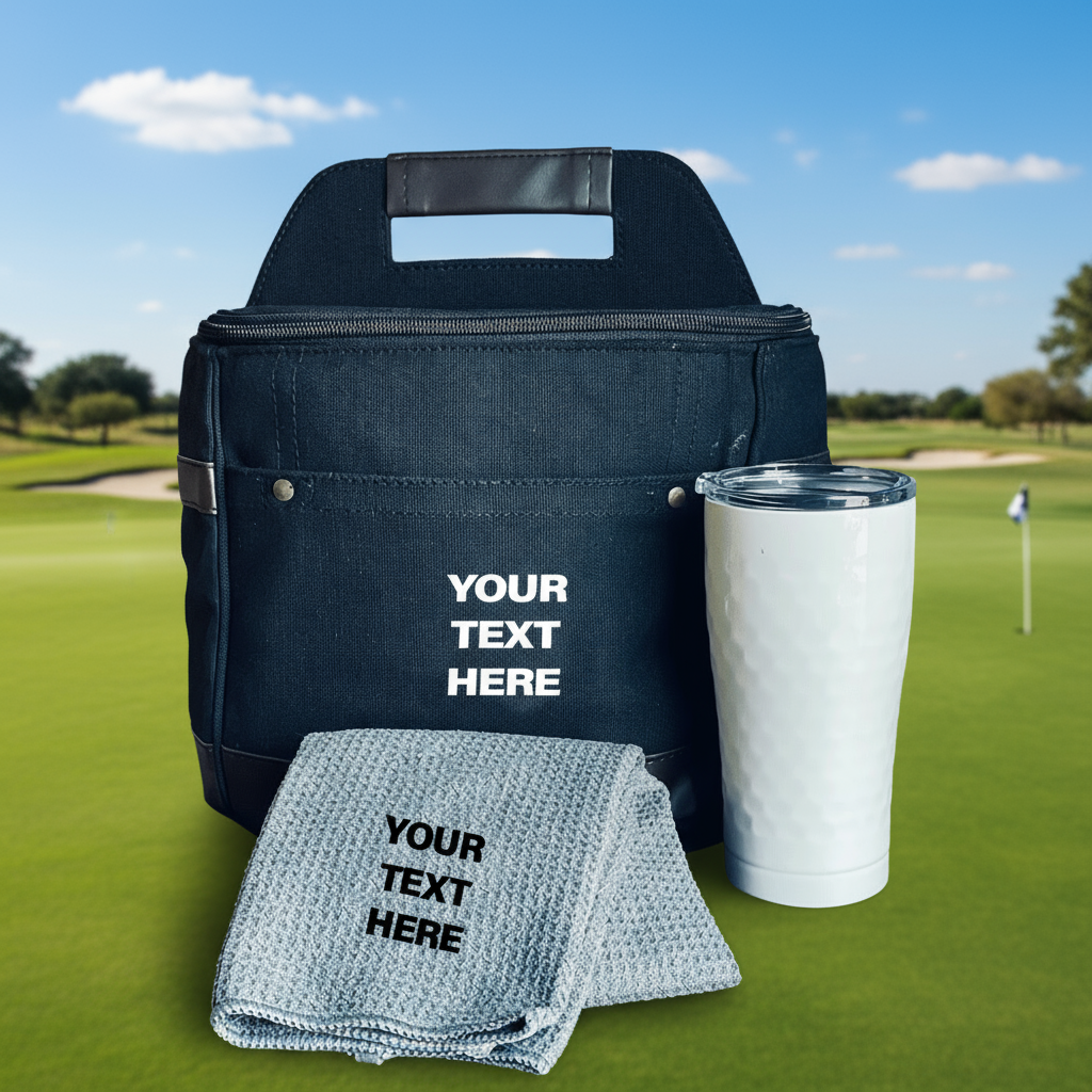 Golf gift set with personalized cooler, tumbler, and towel