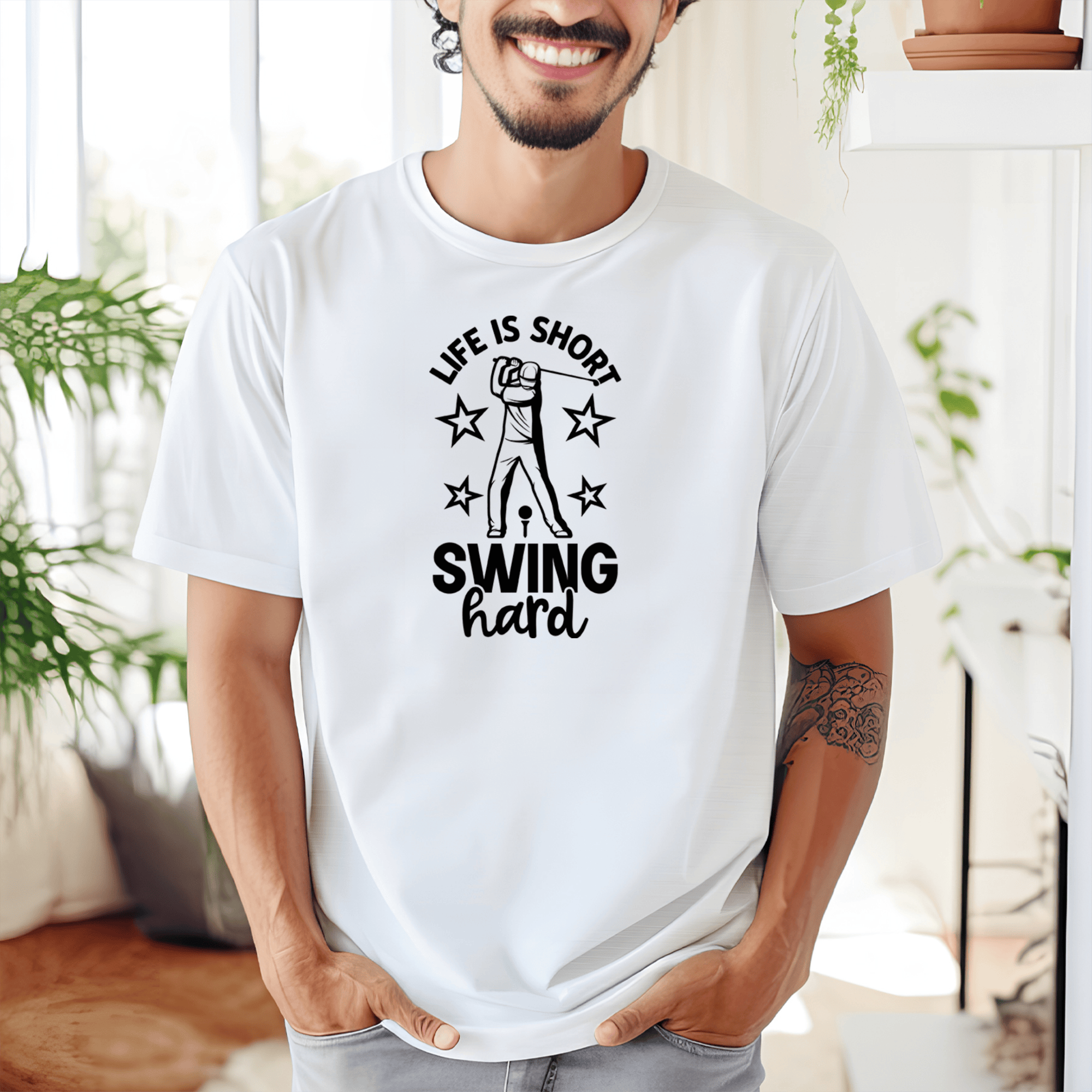 White Mens T-Shirt With Life Is Short Swing Hard Design