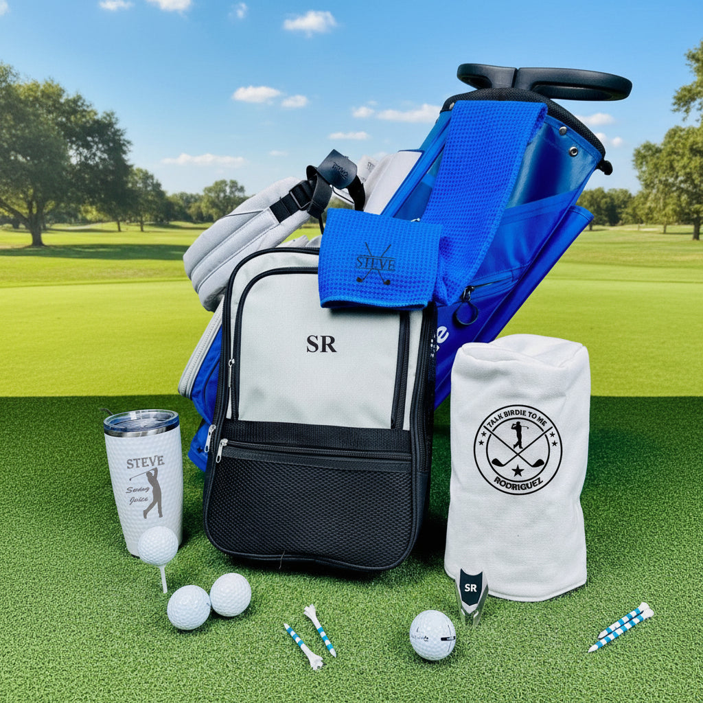 Personalized golf gift set with a cleat bag, towel, divot tool, and tumbler