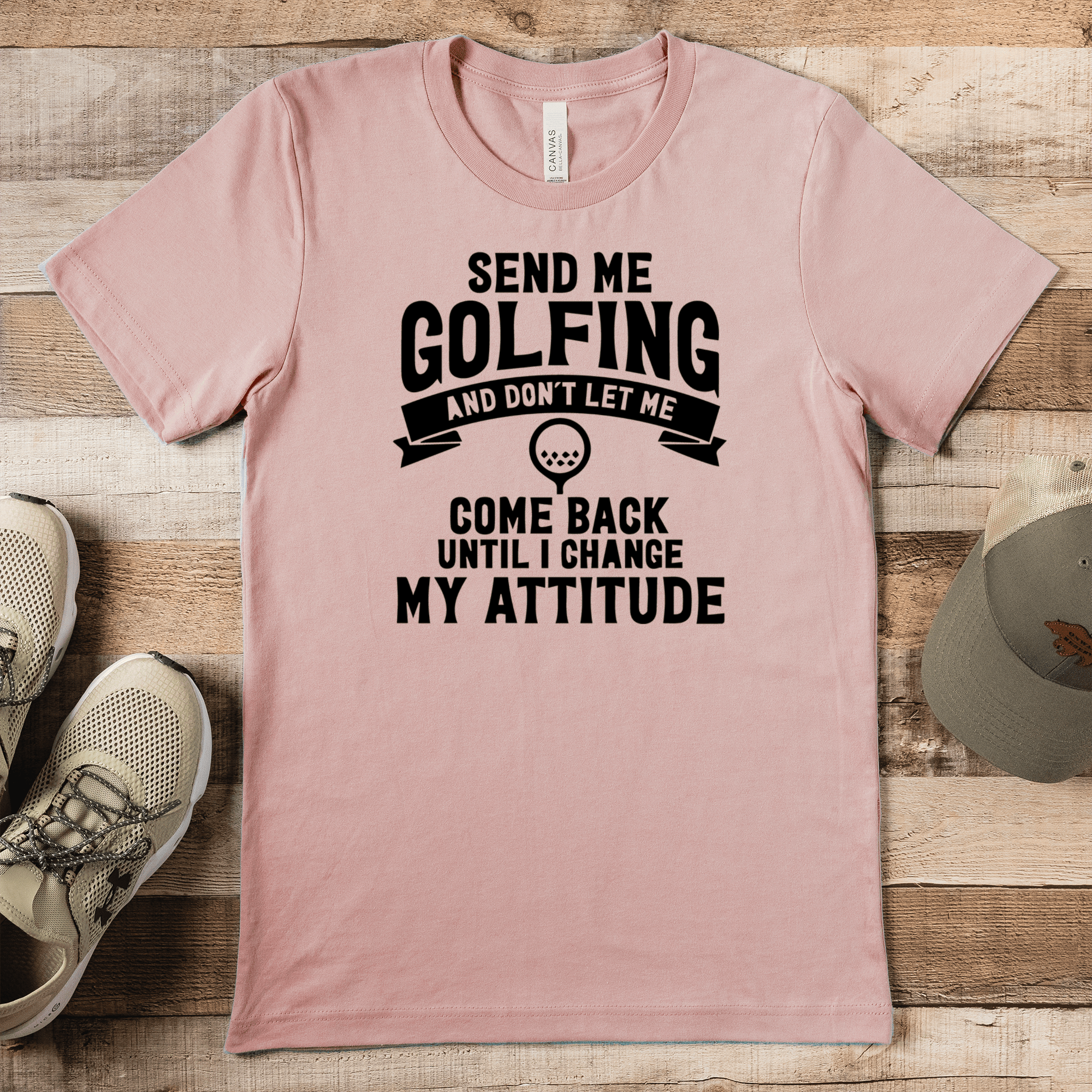 Heather Peach Mens T-Shirt With Send Me Golfing Design