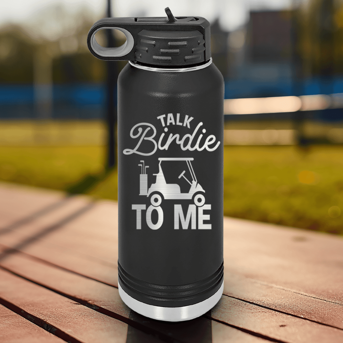 Black golf water bottle Talk Birdie To Me