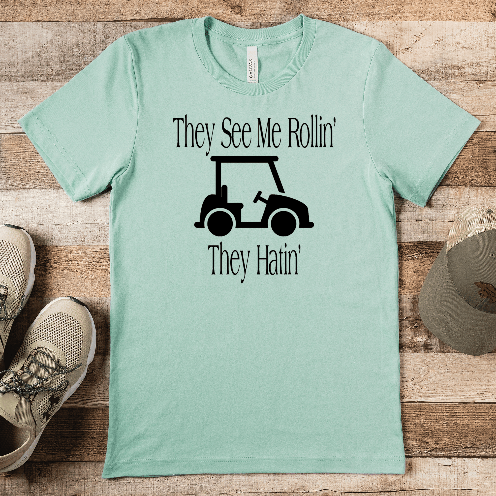 Light Green Mens T-Shirt With They See Me Rollin Design