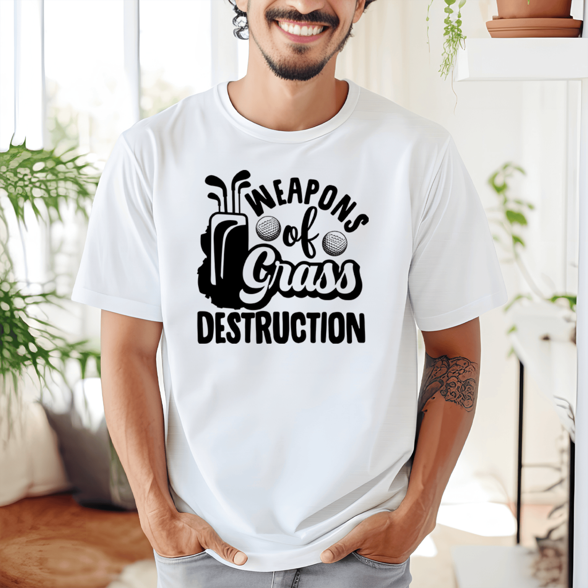 White Mens T-Shirt With Weapons Of Grass Destruction Design