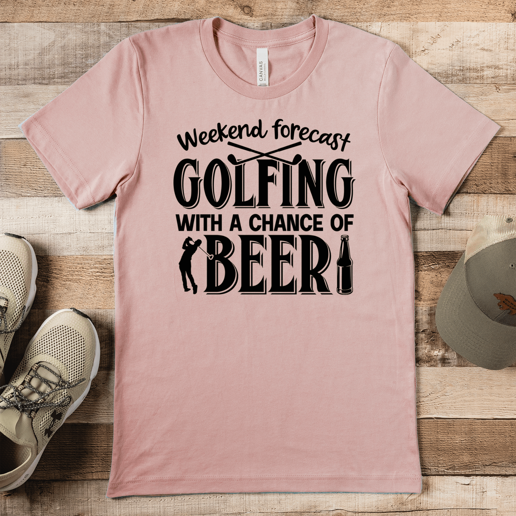 Heather Peach Mens T-Shirt With Weekend Forecast Golfing Design