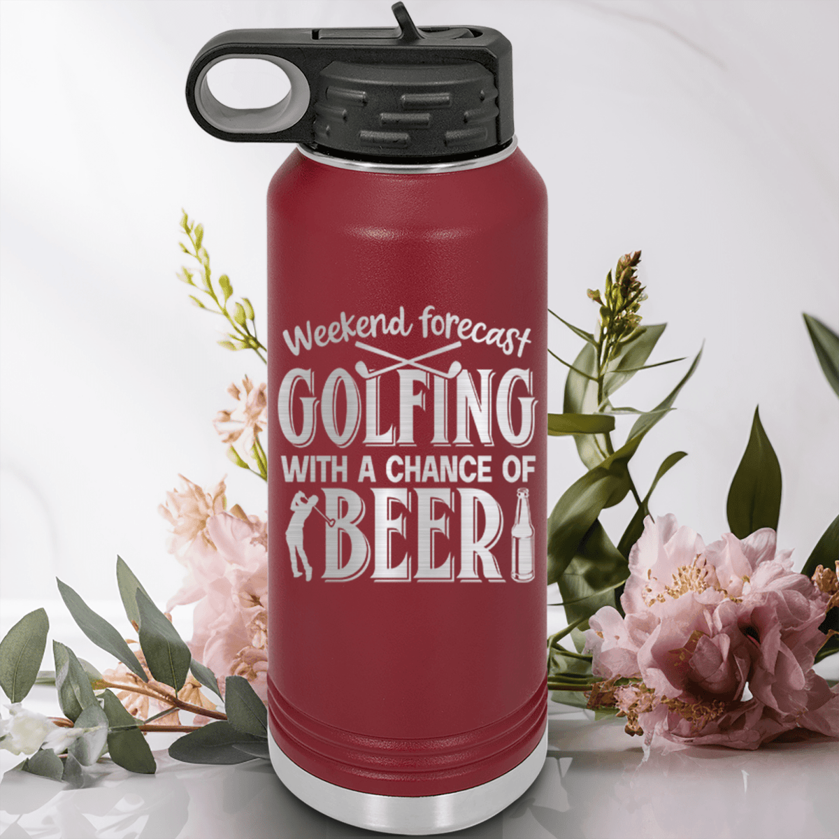 Maroon golf water bottle Weekend Forecast Golfing