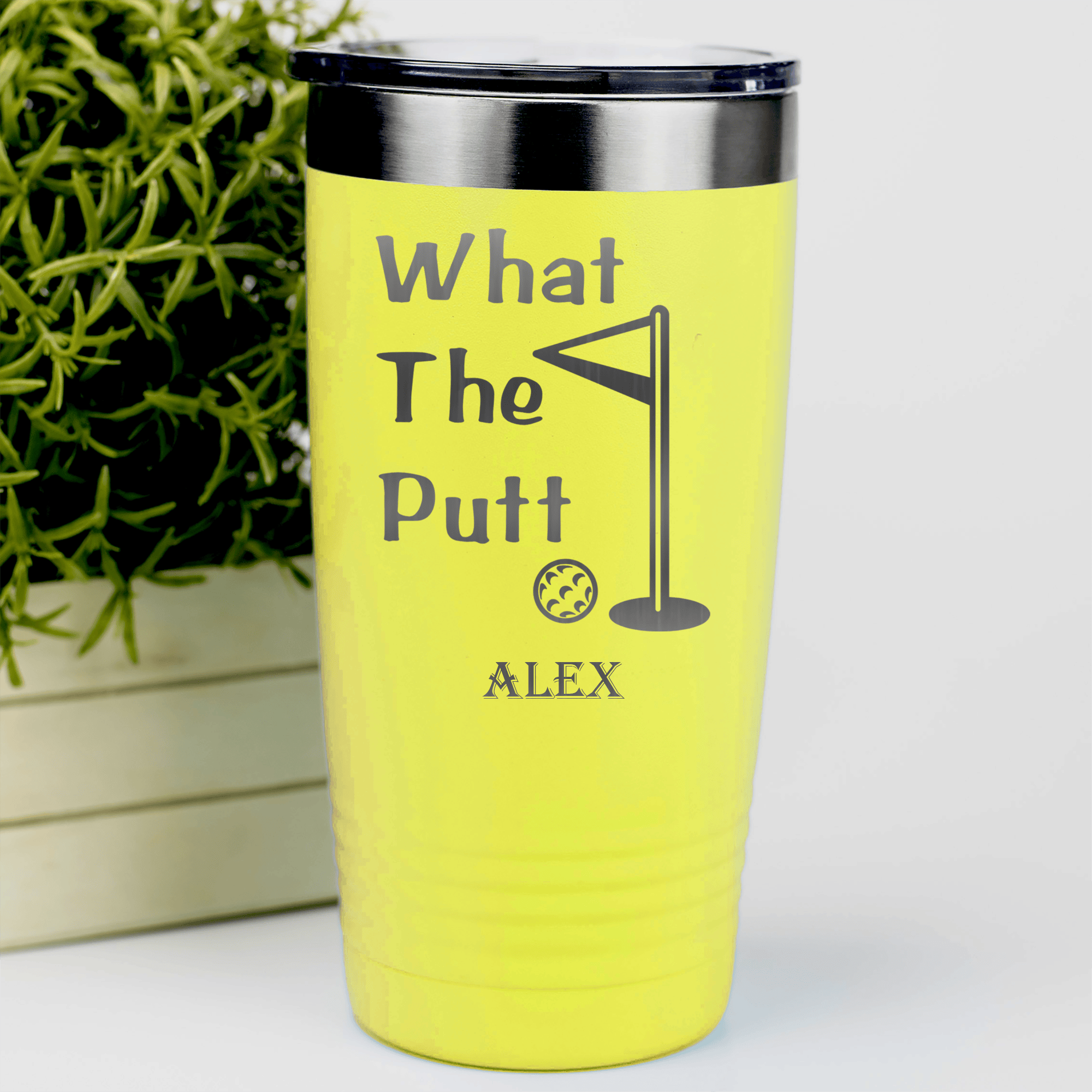 Yellow Golf Tumbler With What The Putt Design