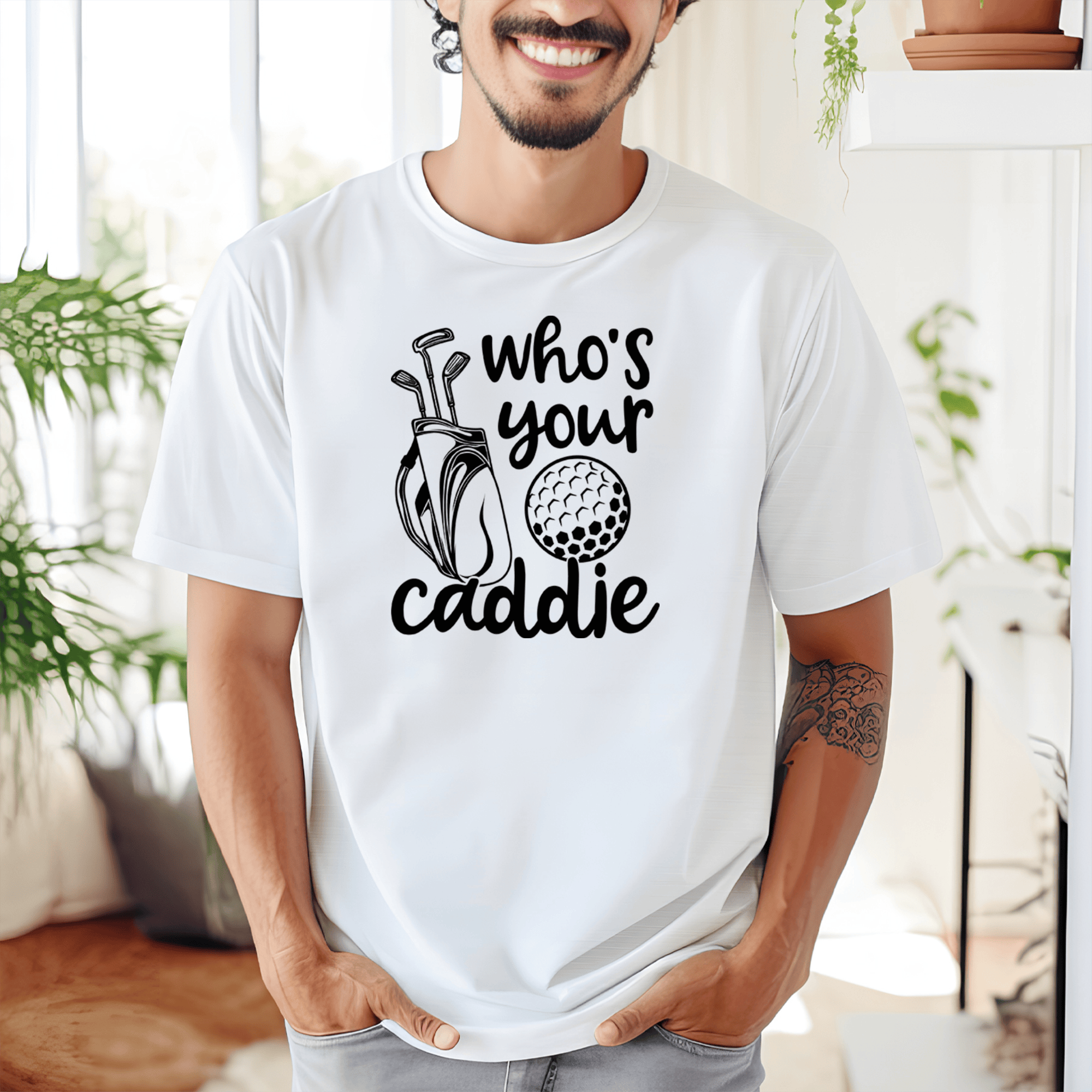 White Mens T-Shirt With Whos Your Caddie Design