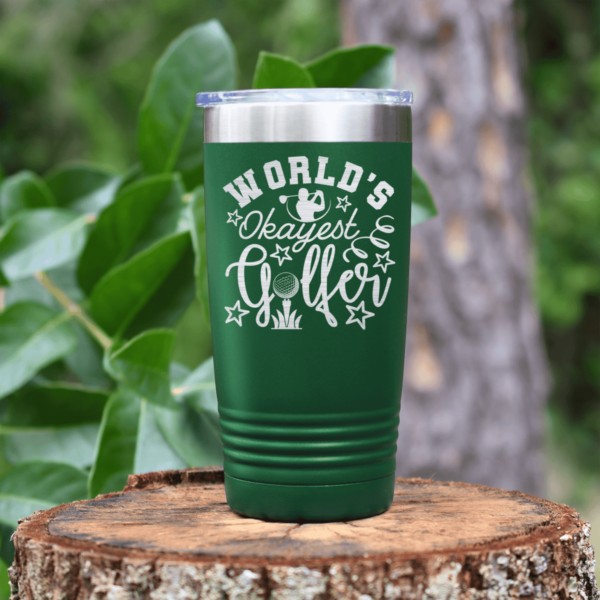 Green golf tumbler Worlds Kinda Good Gofler