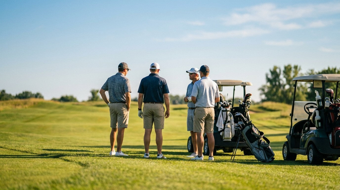 A foursome of golfers together on a sunlit fairway with carts and bags during a golf scramble outing, a guide to golf scramble rules and formats.