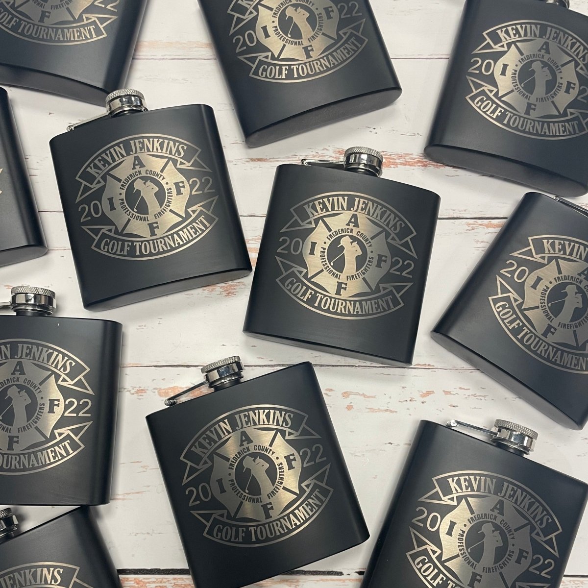 Scramble Squad logo golf flask packed in a tournament player gift bag from Groovy Golfer
