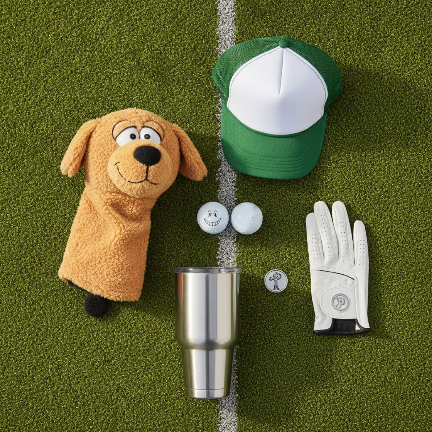 A flat-lay of funny golf gifts on green turf: golf balls printed with a face, a novelty animal head cover, a Legalize Mulligans hat, an engraved tumbler, and a ball marker.