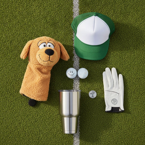 A flat-lay of funny golf gifts on green turf: golf balls printed with a face, a novelty animal head cover, a Legalize Mulligans hat, an engraved tumbler, and a ball marker.