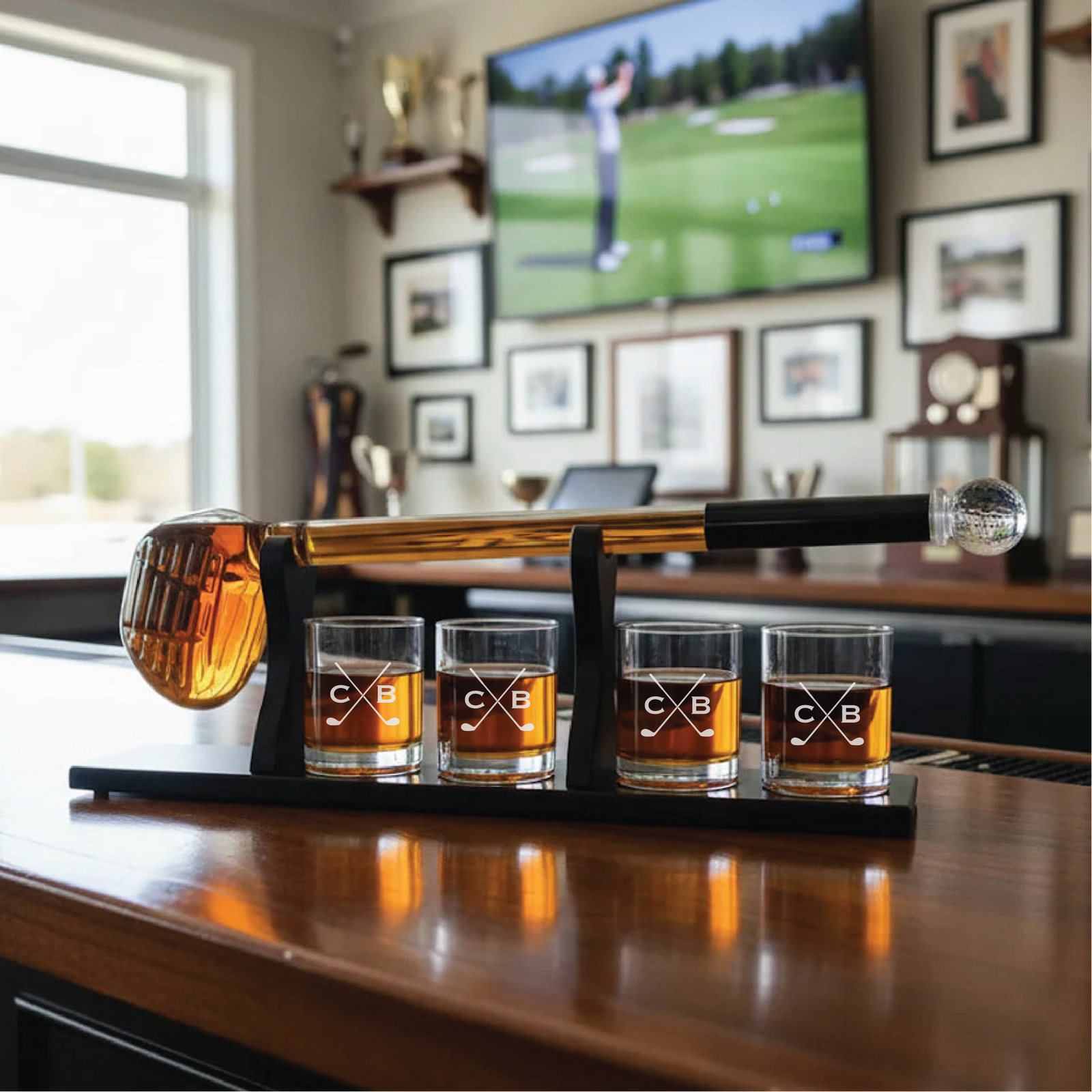 Personalized golf club whiskey decanter set with engraved glasses, one of the best golf gifts for men in 2026