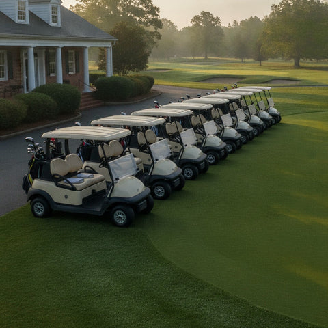 A row of golf carts staged outside a country-club clubhouse at sunrise, ready for a shotgun-start tournament, for golf outing day-of logistics.