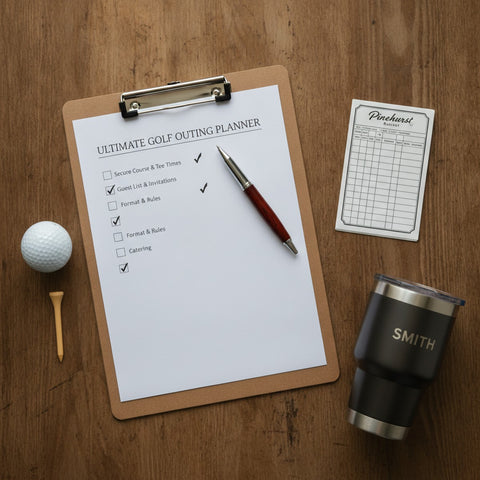Overhead flat-lay of an Ultimate Golf Outing Planner checklist on a clipboard with checked-off tasks, a pen, golf ball, tee, scorecard, and a personalized golf tumbler on walnut wood.