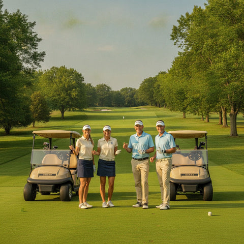 A foursome of golfers at a manicured tee box with two golf carts, ready to start a team scramble, for a guide on how to pick a golf tournament format.