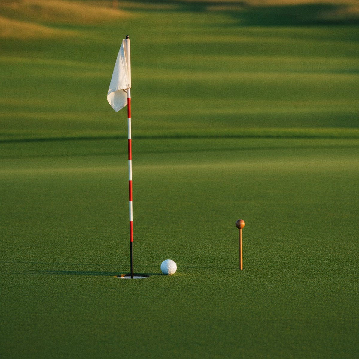 A golf ball resting at the edge of the cup beside the flagstick with a marker stake on a green, showing a closest-to-the-pin golf tournament contest.