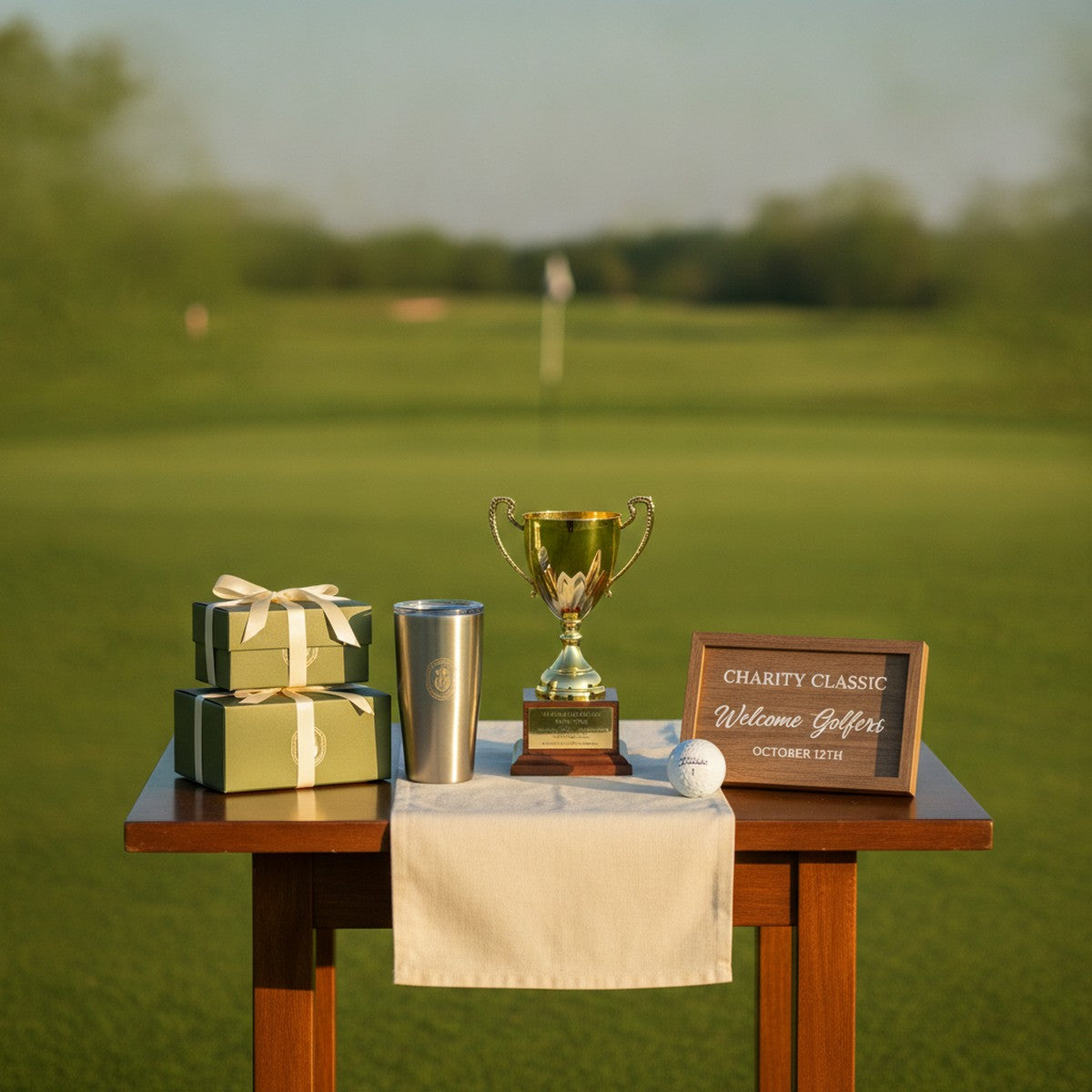 A golf outing welcome and prize table set with personalized tee-gift boxes, a trophy, a golf tumbler, and a Charity Classic sign, with the fairway behind, for how to plan a golf outing.