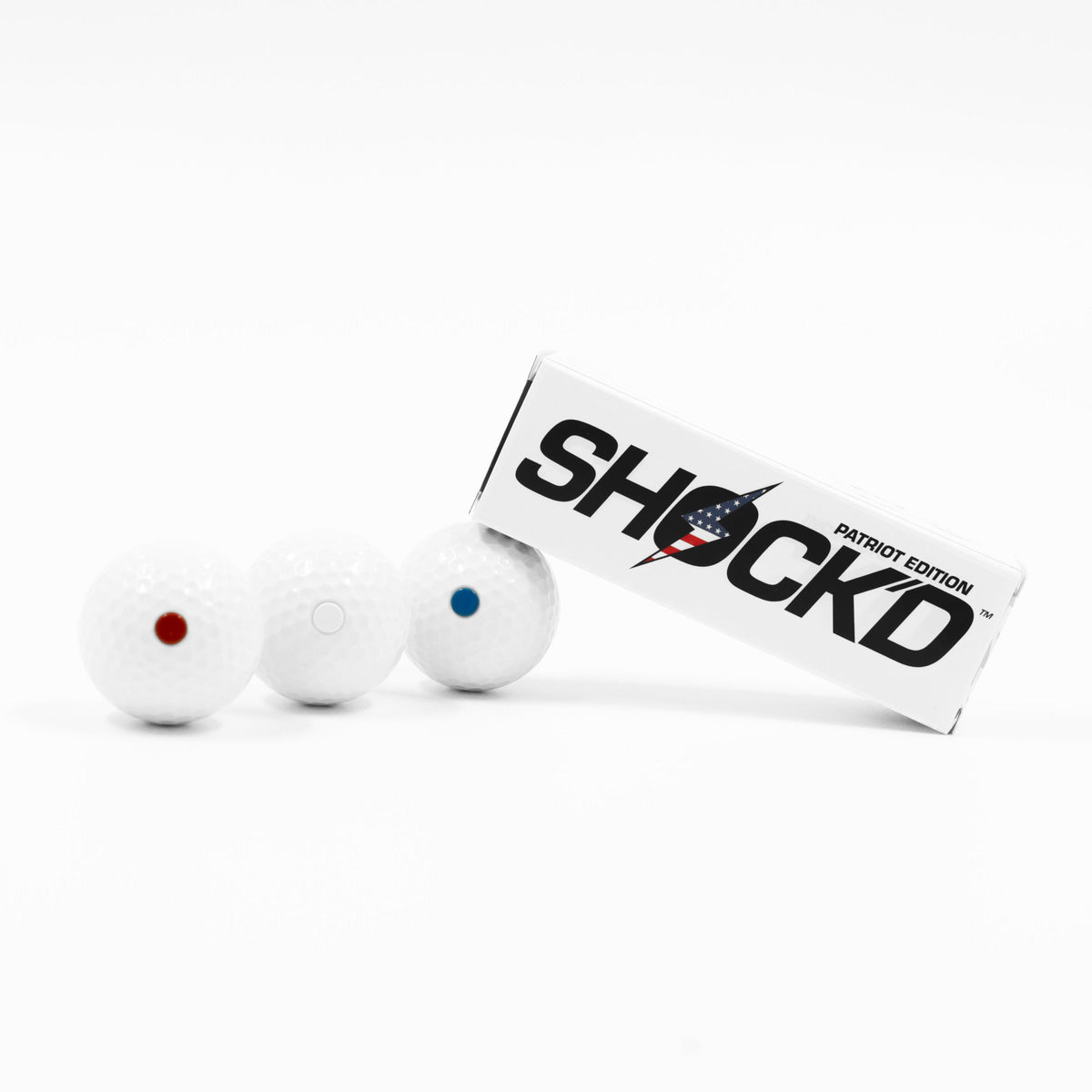 SHOCK'D Patriot Edition prank golf balls with red white and blue dots in gift box