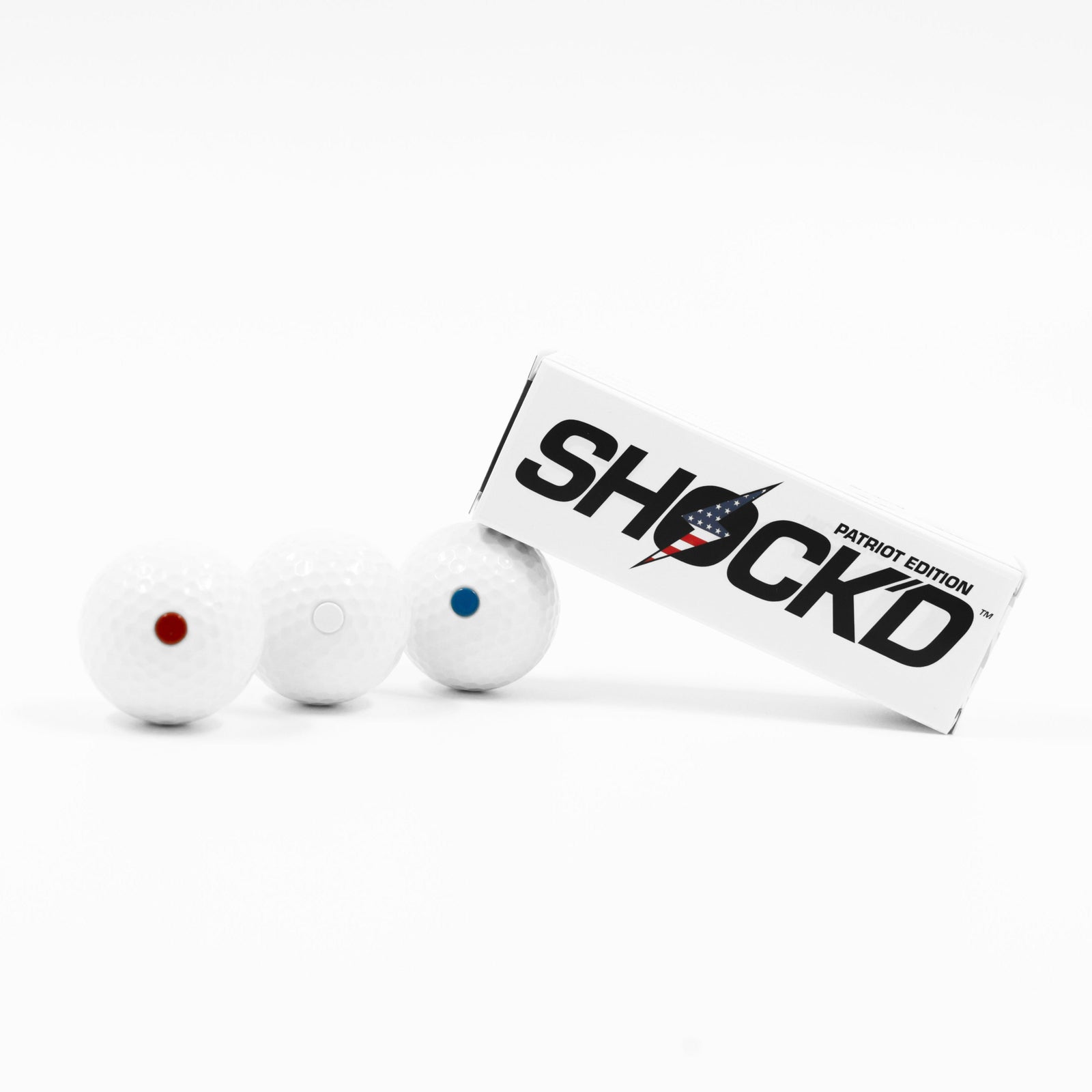 SHOCK'D Patriot Edition prank golf balls with red white and blue dots in gift box