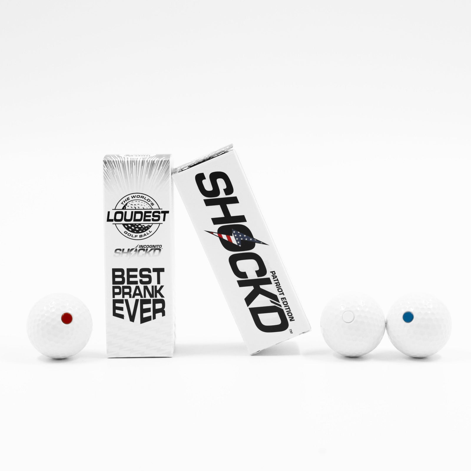 SHOCK'D Patriot Edition prank golf balls with red white and blue dots in gift box