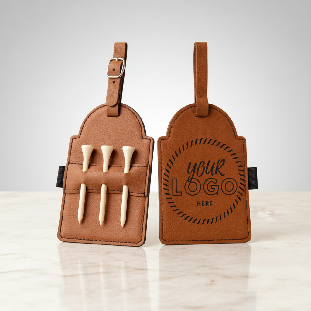 Brown vegan leather golf bag tag shown front and back, displaying sample logo engraving on reverse side and six wooden tees in front slots with leather carrying strap
