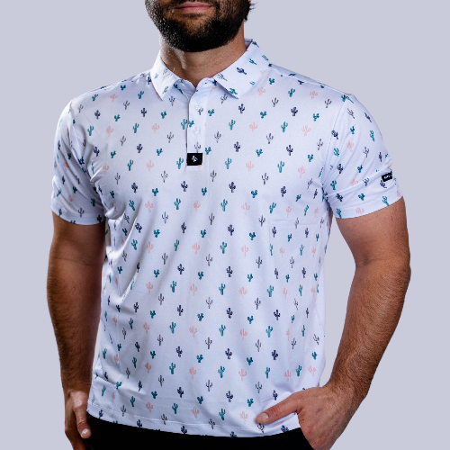 Men&#39;s white polo with small cactus print – playful desert-inspired design with stretch, sun protection, and moisture-wicking comfort.