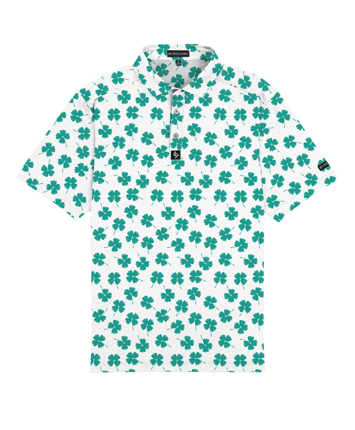 Men’s white polo with emerald-green four-leaf clover print – breathable, stretch-fit, and performance-ready.