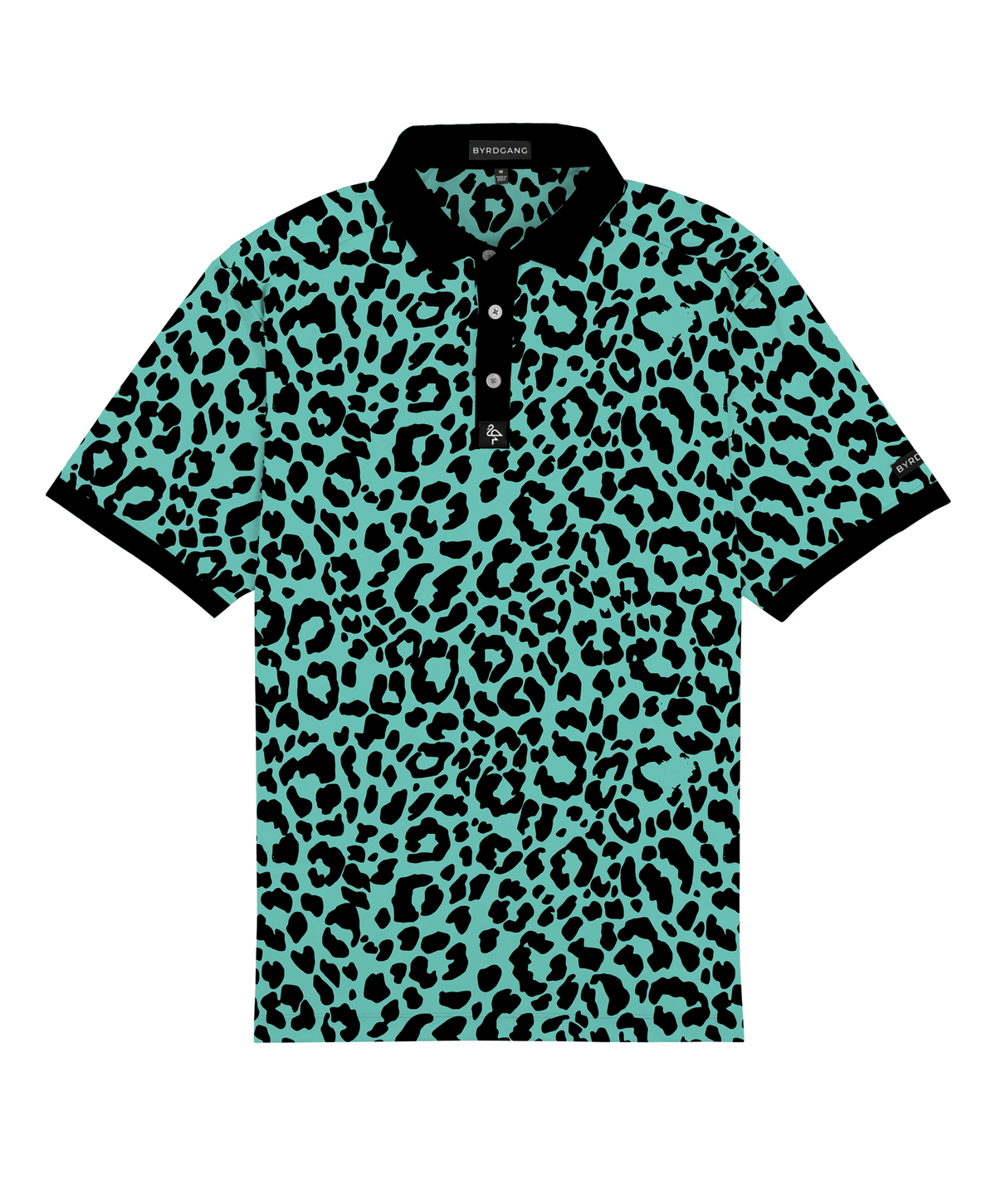 Men’s teal polo with tiger-stripe pattern – bold, breathable design with stretch, UPF 50+, and moisture-wicking performance.