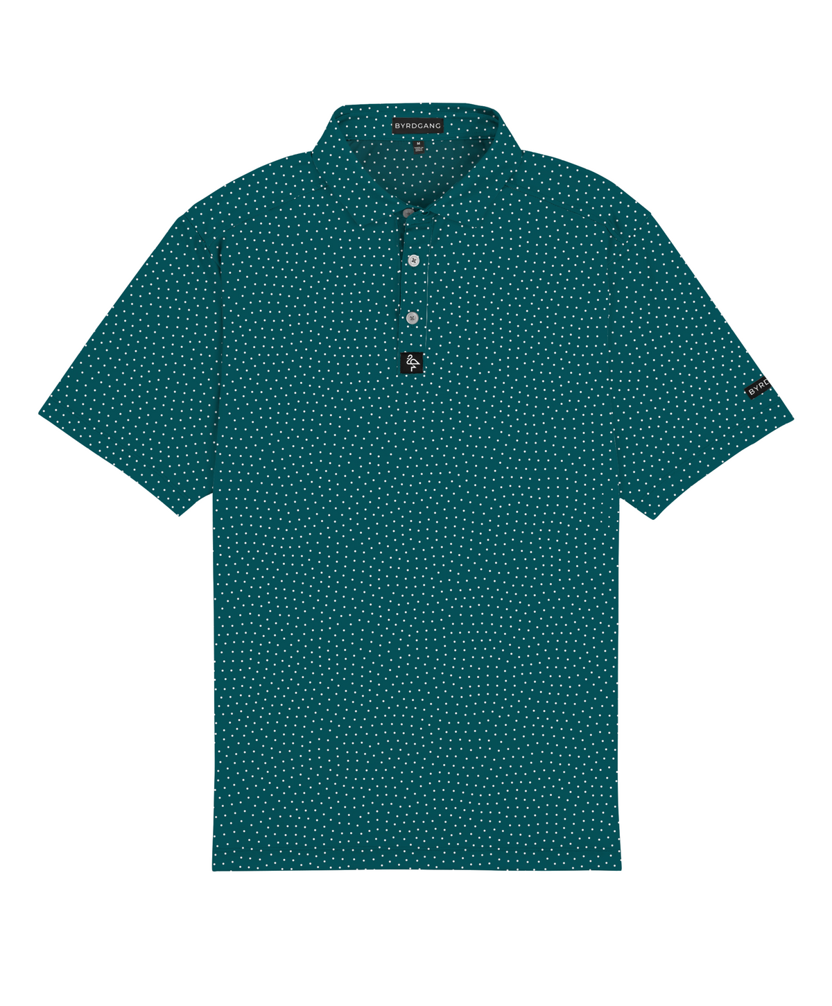 Men’s green polo with white polka dots – retro-modern print with stretch and performance fabric.
