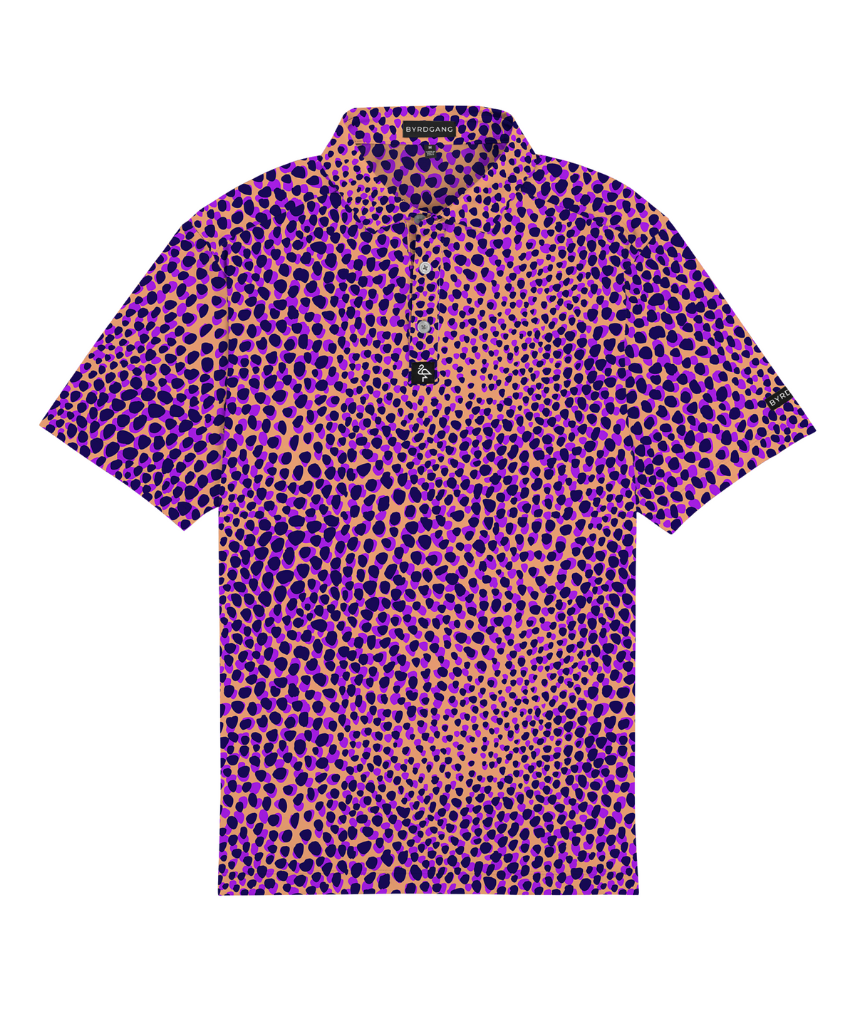 Men’s purple and tan leopard-print polo – bold animal print with stretch-performance and sun protection.