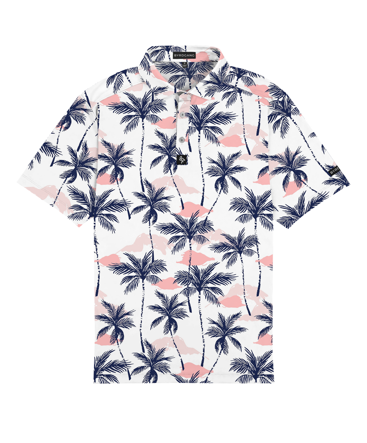 Men’s white polo with vibrant green and pink palm tree print – tropical feel with stretch, moisture control, and wrinkle resistance.
