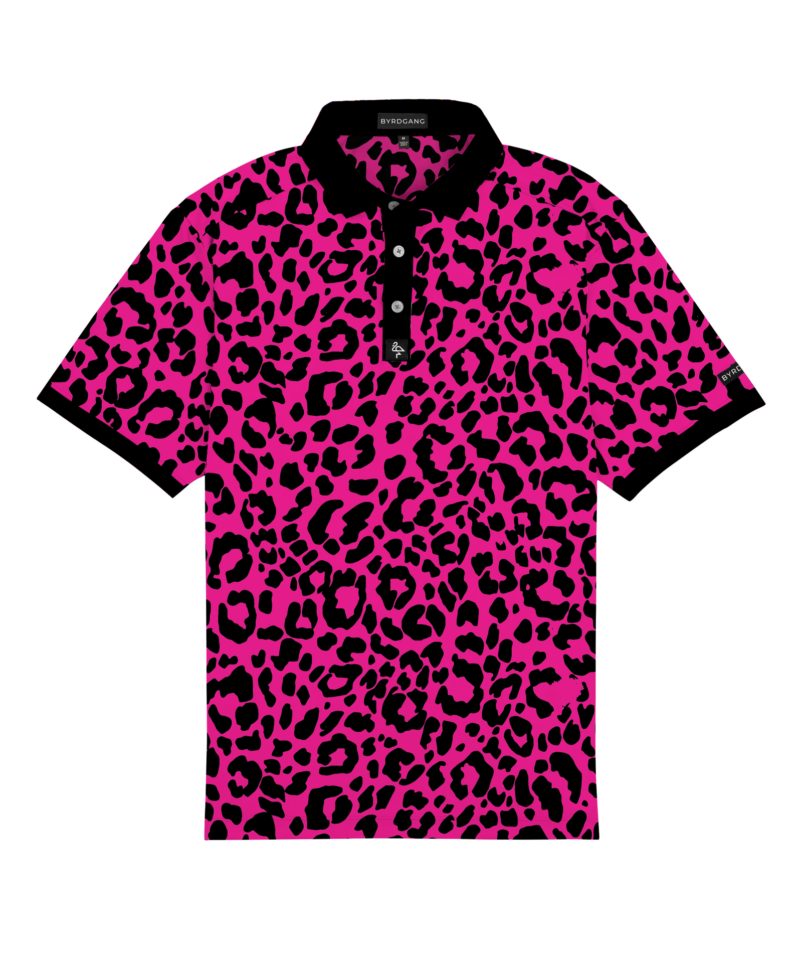 Men’s hot pink polo with black micro-spot pattern – bold, breathable, and stretch-fit performance.