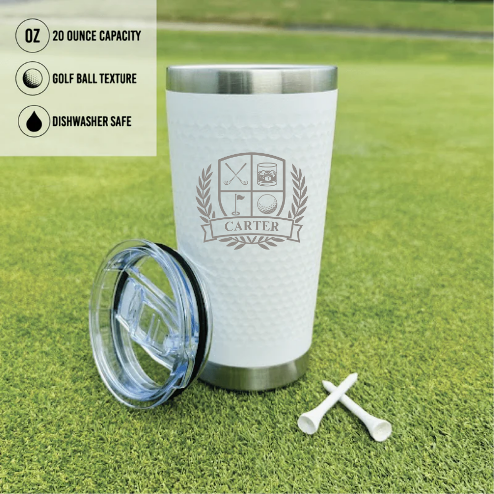 Personalized golf gift set with flask, tumbler, and golf bag tag engraved with name