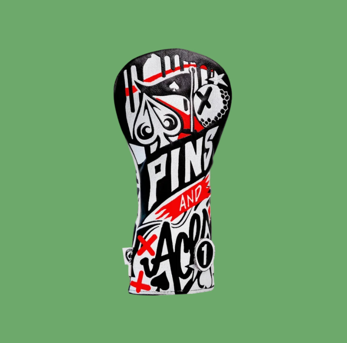 Graffiti style golf driver headcover in black, white, and red with bold hand-lettered typography and golf iconography