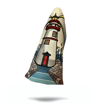 Nautical lighthouse-themed golf putter cover with embroidered ocean scene