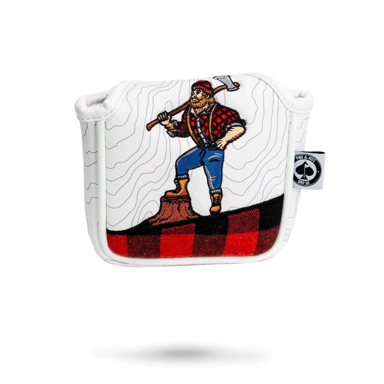 Golf mallet putter cover with embroidered lumberjack and red plaid design