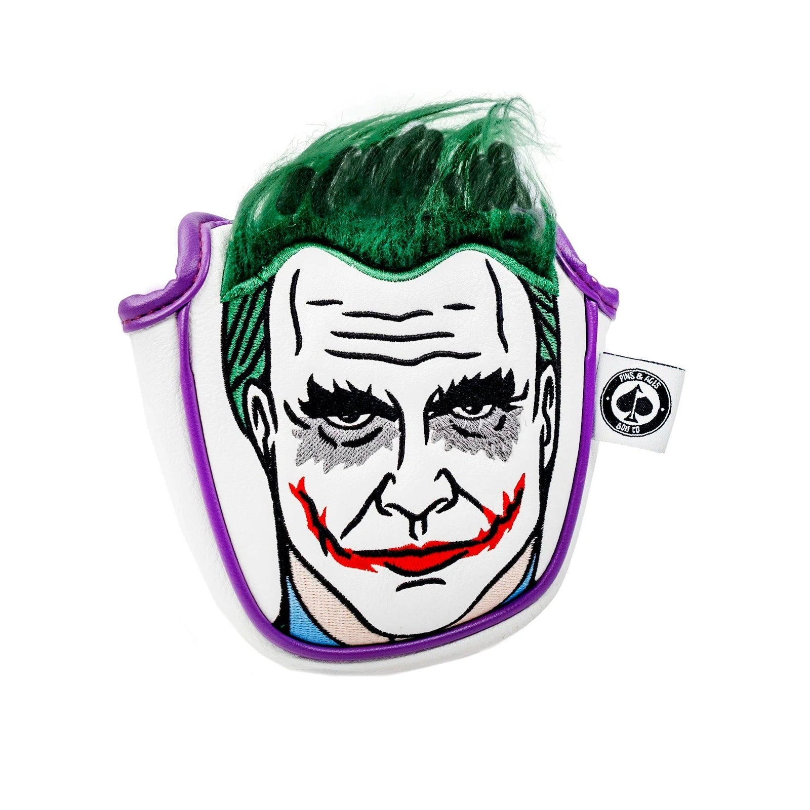 Joker-themed golf mallet putter cover with green hair and embroidered face