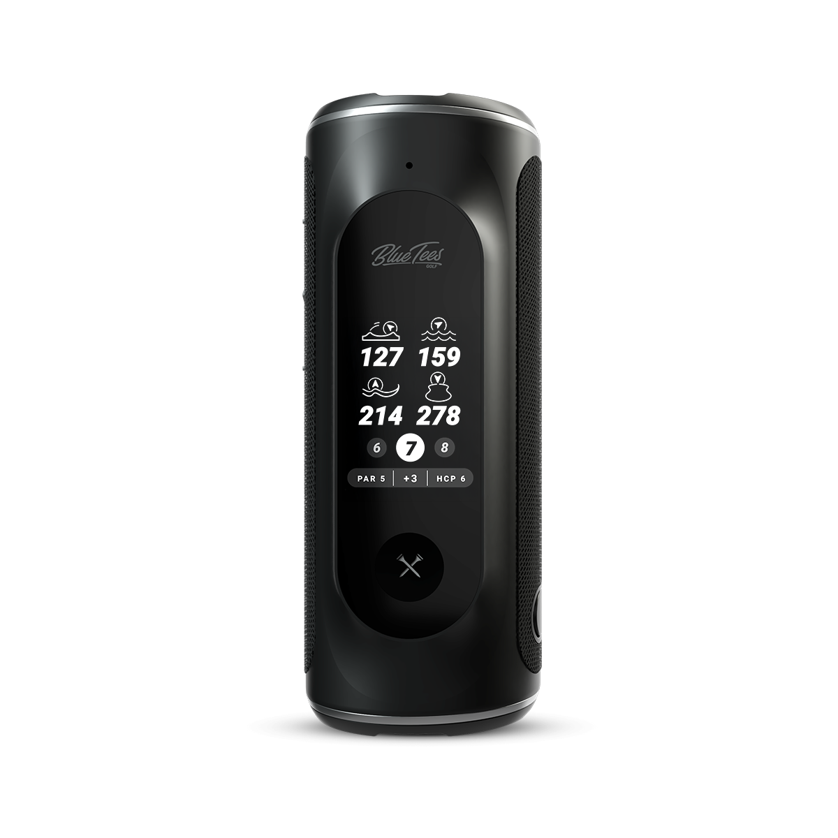 Player+ rangefinder and Bluetooth speaker in black and navy for golfers