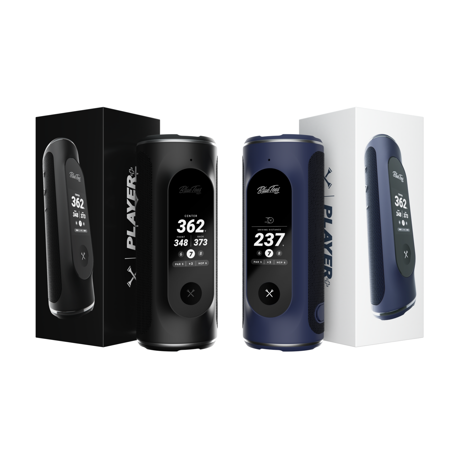 Player+ rangefinder and Bluetooth speaker in black and navy for golfers