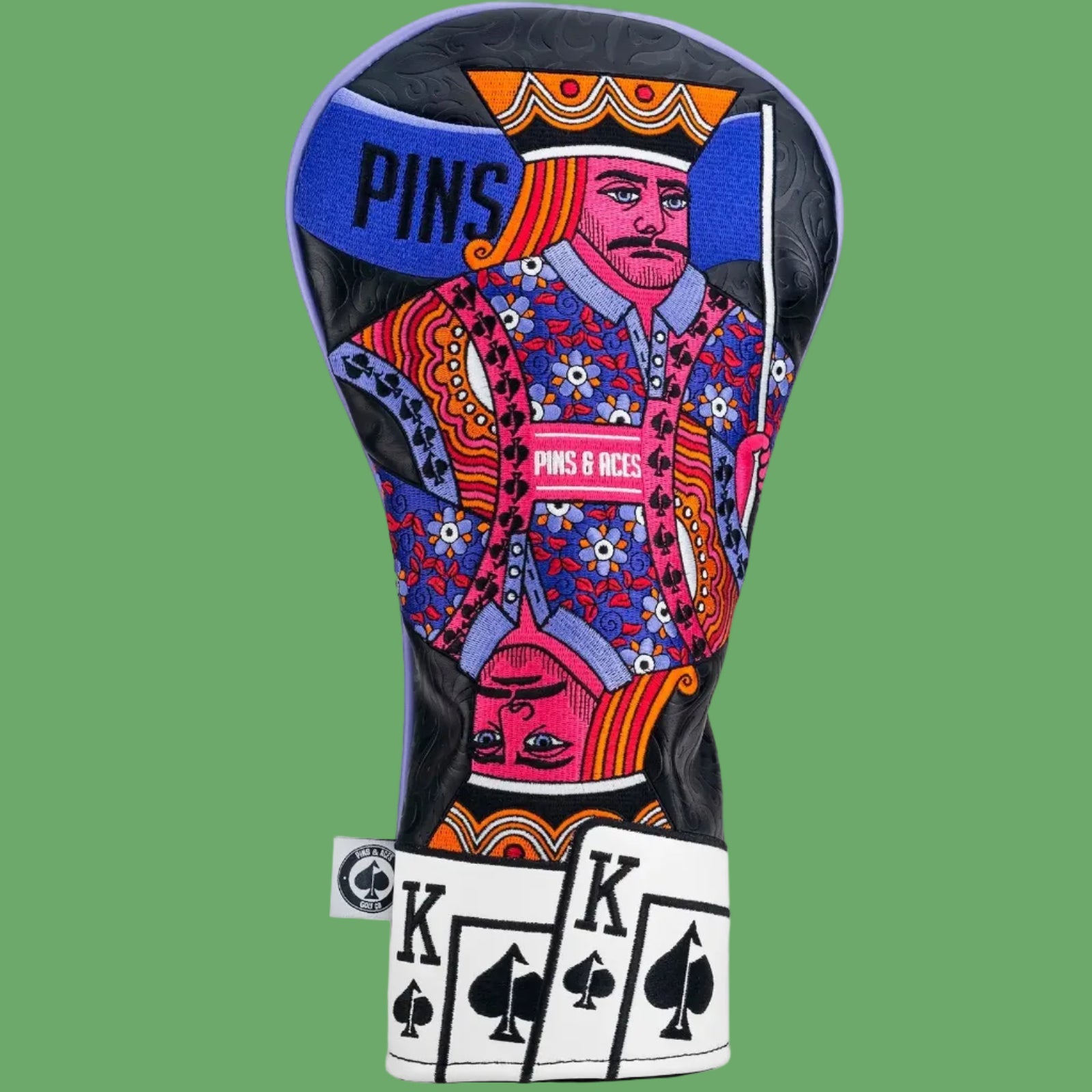 King of spades golf driver headcover with embroidered royal figure and playing card design on black vegan leather