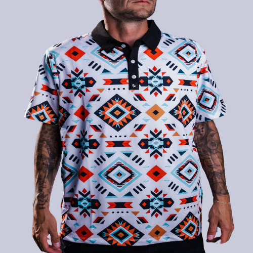 Men’s Aztec-print polo with tribal geometric motifs – vibrant, breathable, stretch-fit with performance features.