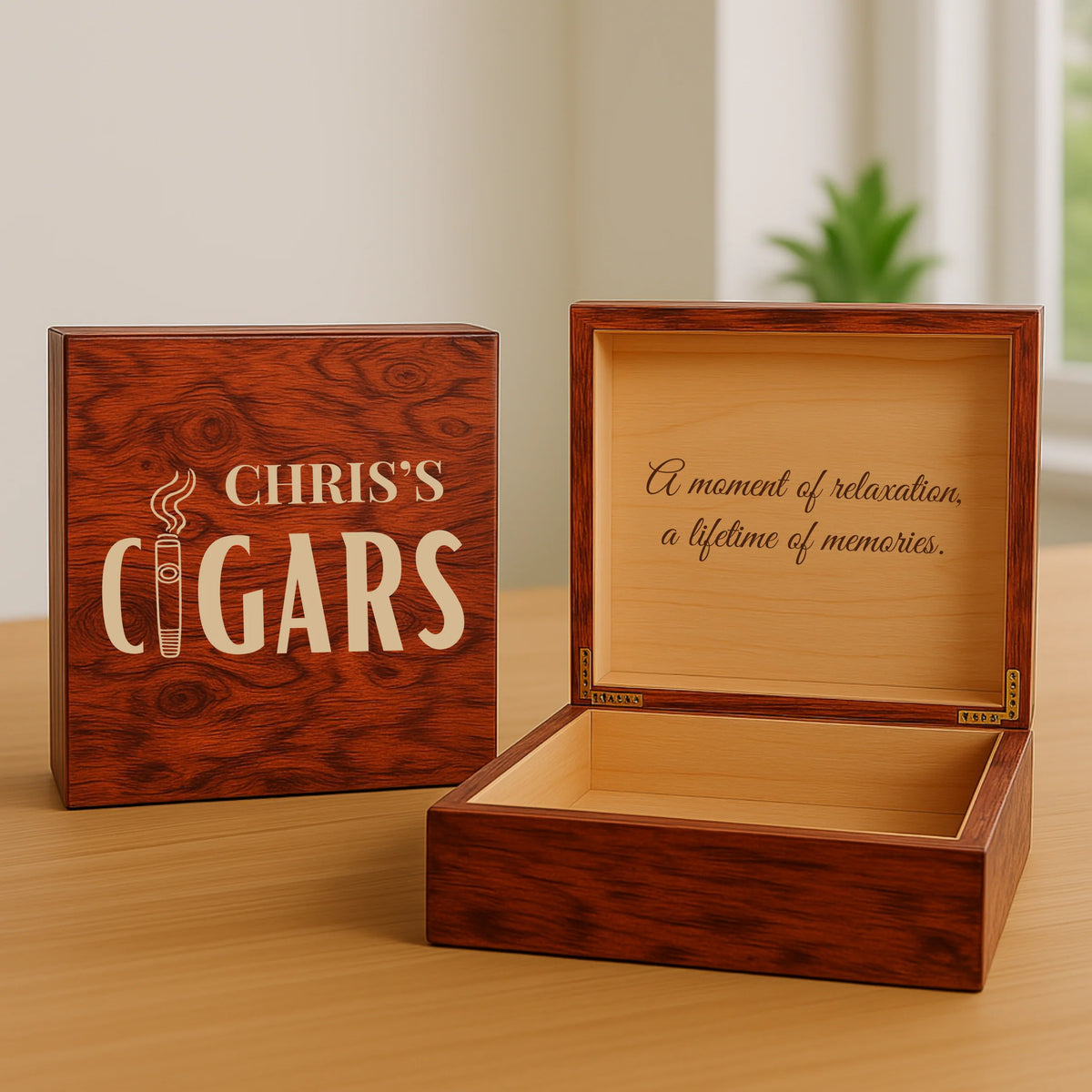 Engraved wooden cigar box with custom name and personalized message, cedar-lined interior