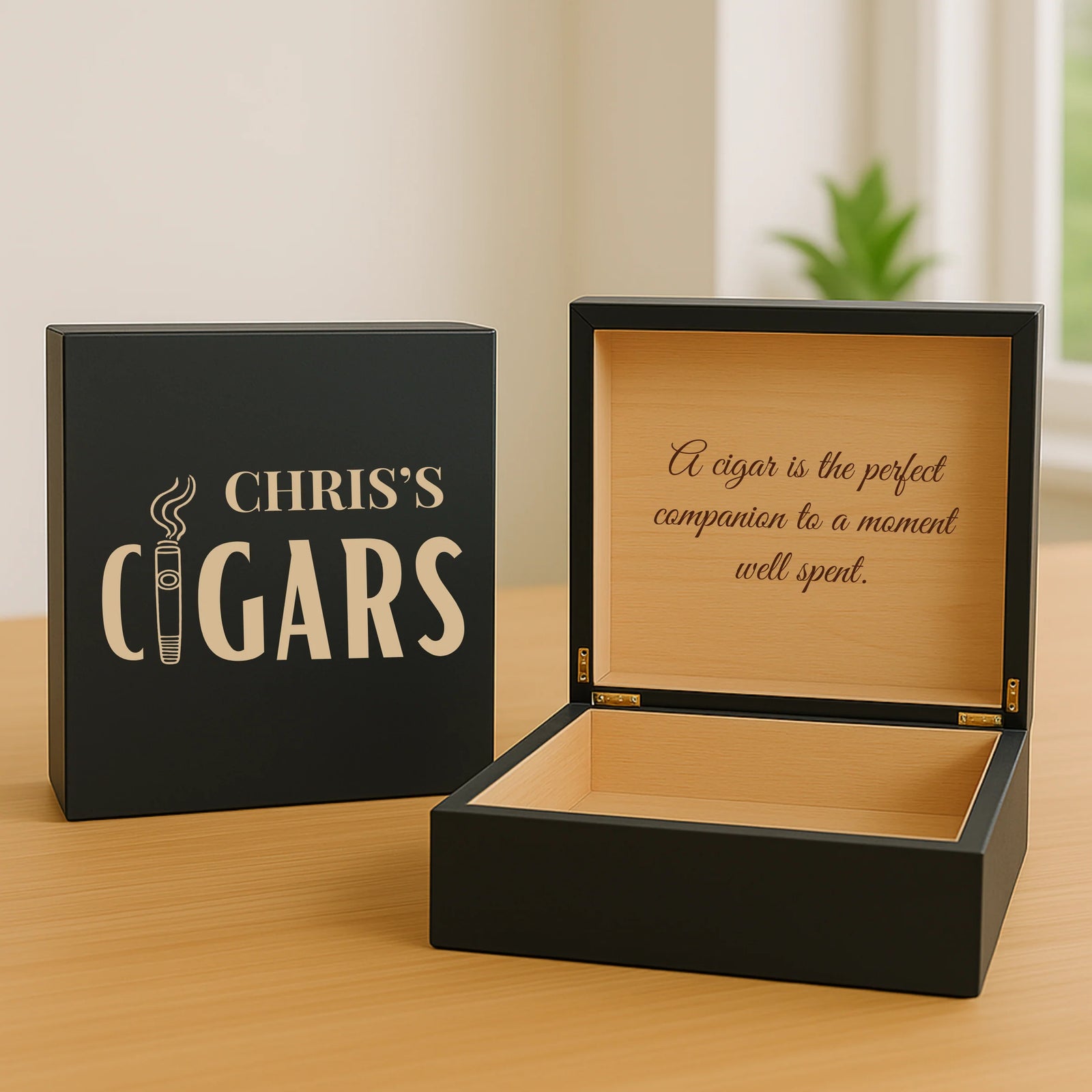 Engraved wooden cigar box with custom name and personalized message, cedar-lined interior