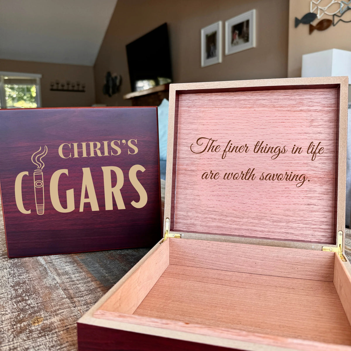 Engraved wooden cigar box with custom name and personalized message, cedar-lined interior